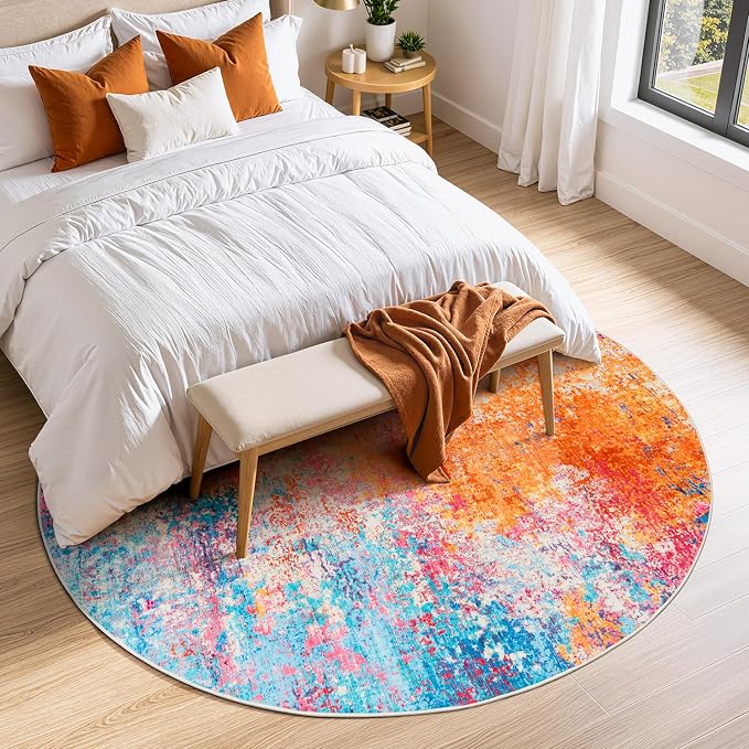 Rugflix Round Area Rugs 6Ft for Living Room, Washable Circle Rug Stain-Resistant Low Pile, Modern Dark Carpet for Bedroom Dining Room Home Office Kid Nursery Room, Rainbow