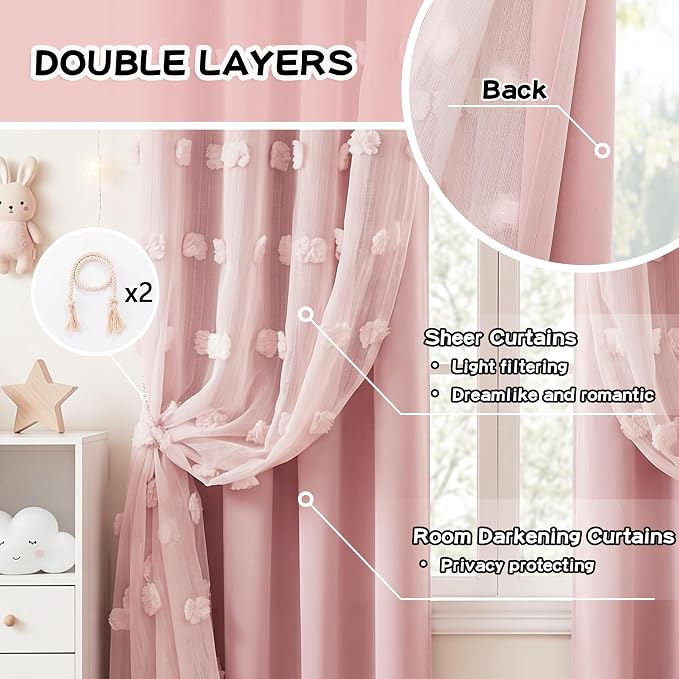 MYSKY HOME Pink Curtains for Bedroom 90 Inches Long Living Room Curtains with Pink Pom Pom Sheer Dining Room Grommet Double Layer Nursery Curtain Drapes Toddler Room Darkening Window Panels 52" Wide