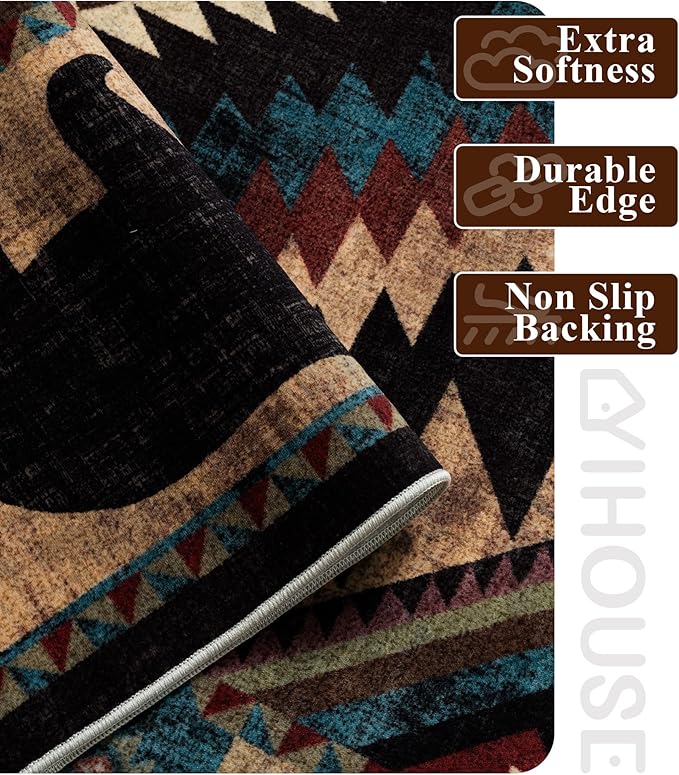 YIHOUSE Rustic Cabin Area Rug 10x14, Lodge Wildlife Bear Washable Large Area Rug, Southwestern Rustic Rugs for Living Room
