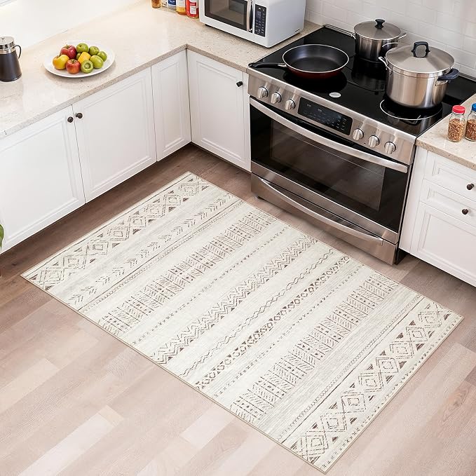 cotiled 3x5 Area Rugs Living Room Rug: Washable Boho Rugs with Non Slip Backing Small Soft Indoor Stain Resistant Carpet for Bedroom Farmhouse Dining Room Lightweight Home Decor L Brown/Cream