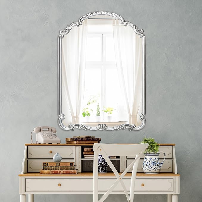Wylde Iris English Estate Carved Arch Wood Wall Mirror, Mirror for Entryway, Living Room, Bathroom, Antique Silver, 20.9x28.9