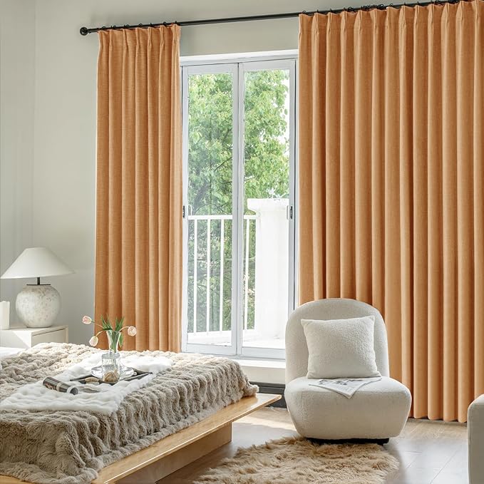 IVAPUPU Linen Pinch Pleated Full Blackout Curtains for Bedroom - 2 Pages Black Out Gold Curtains 84 Inch Long 2 Panel for Living Room Darkening Thermal Window Curtain Drapes with 16pc Hooks