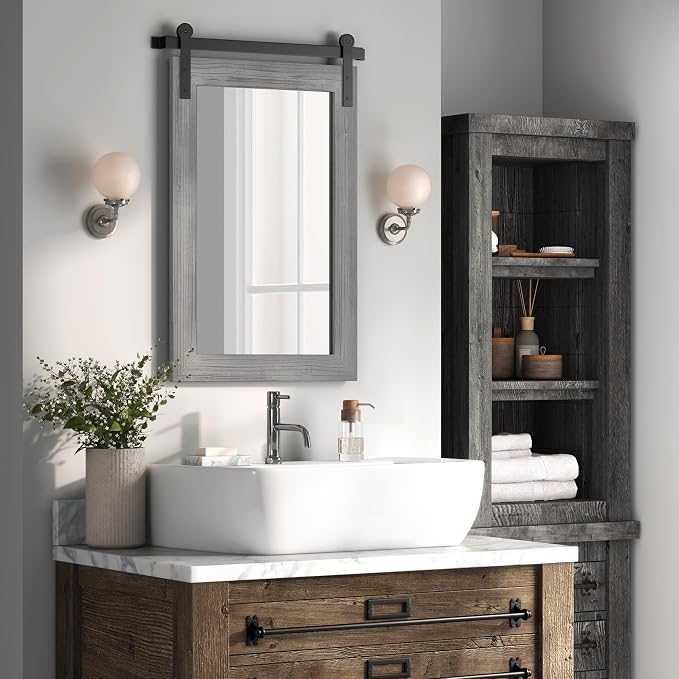 COGOOD Bathroom Mirrors for Over Sink - 26" X 17" Farmhouse Barn Door Wall Mirror for Bathroom, Living Room, Entryway Wall Decorative Grey