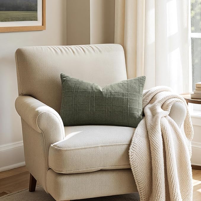 MIULEE Decorative Linen Check Lumar Throw Pillow Covers Neutral Farmhouse Vintage Spring Pillow Covers 12x20 Set of 2 Boho Modern Home Decor for Sofa Couch Bedroom Cushion Olive Green