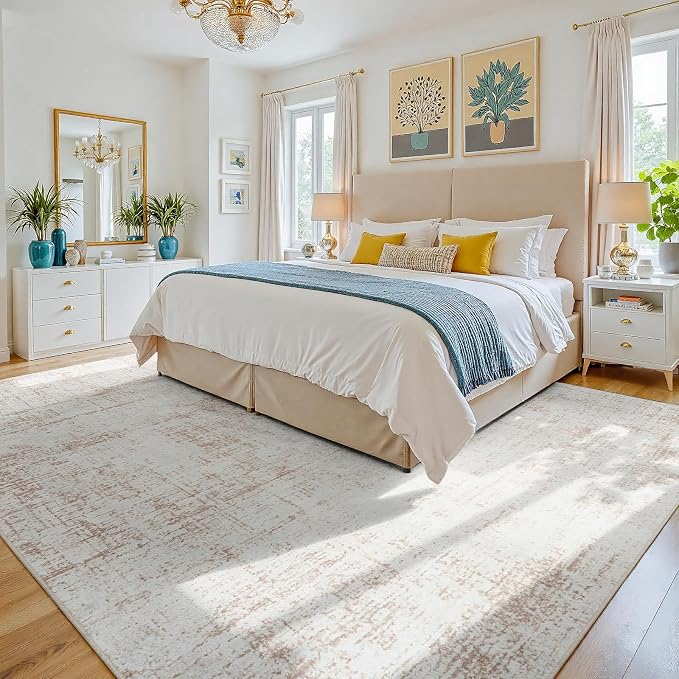 9x12 Area Rugs for Living Room Washable Rug: Anti-Skid Abstract Modern Living Room Rug Soft Thin Carpets Indoor Floor Non-Shedding Carpet for Bedroom Dining Farmhouse Nursery Home Office Beige White