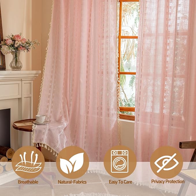 Pink Boho Sheer Curtains 72 inches Long 2 Panels for Bedroom, Light filtering Semi Sheer Bohemian French Country Privacy Tassels Vintage Chic Embroidery Stripes Window Decor Curtains Back Tab, 50" W