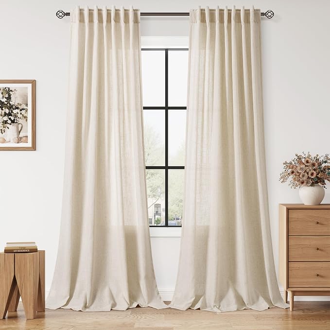 Linen Curtains 108 Inches Long for Living Room Modern Farmhouse Decor Light Filtering Semi Sheer Curtain Back Tab Luxury Neutral Rustic Floor to Ceiling High Window for Bedroom 52x108, 2 Panels