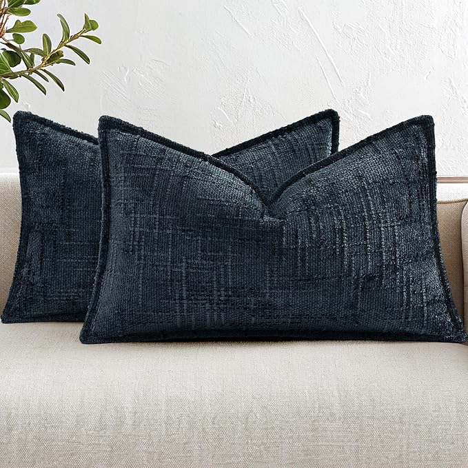 decorUhome Chenille Throw Pillow Covers 12x20 Set of 2, Thick Textured Slubby Neutral Decorative Pillow Covers with Elegant Design for Couch, Sofa, Living Room, Dark Teal