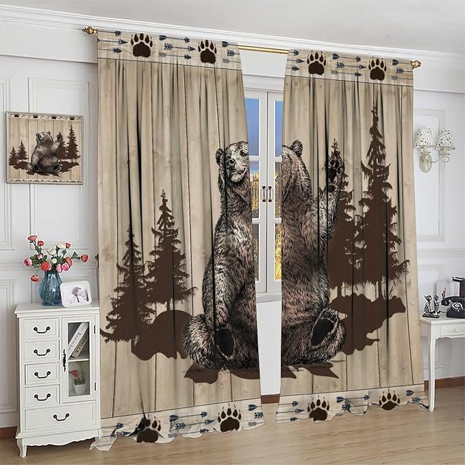 Bear Hunting Blackout Curtains Country Farmhouse Vintage Hunting Lodge Wildlife Funny Bear Wildlife Windows Treatments Rod Pocket for Kitchen Living Room Bedroom 84x84in