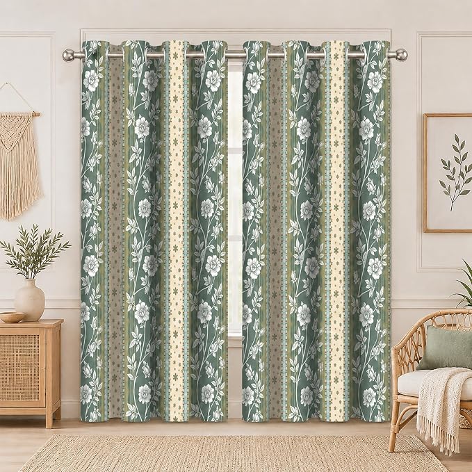 Boho Floral Striped Blackout Curtain, Vintage Botanical Wildflower Aesthetic Window Curtains Living Room Bedroom Decor Darkening Window Drapes Treatments, 2 Panels 52x84 Inch