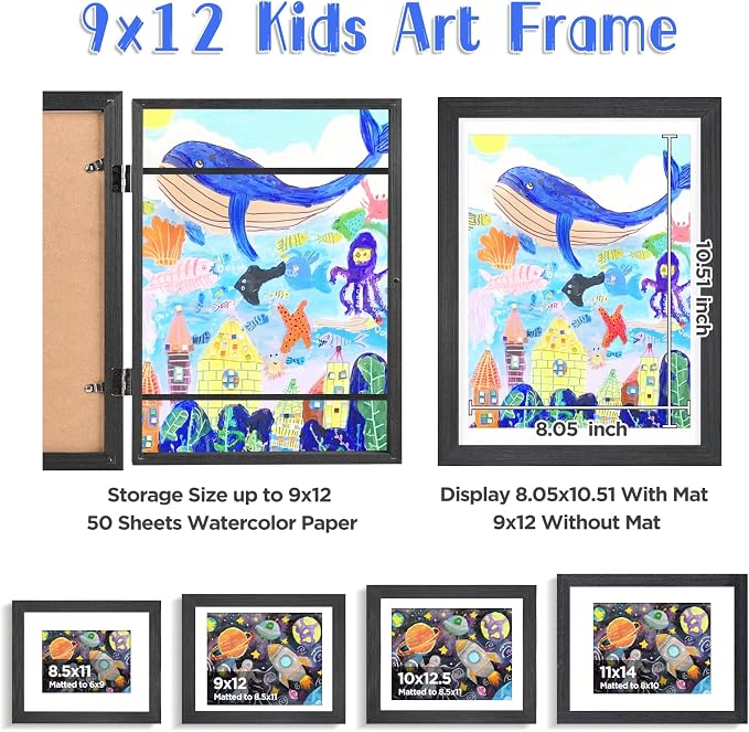 KINLINK 9x12 Kids Art Frame 2 Pack, Solid Wood Artwork Frames Changeable, Front Opening Hold 150 Pictures, Art Frames for Kids Artwork, 8.5x11 with Mat 9x12 without Mat, Picture Frames Black Wood
