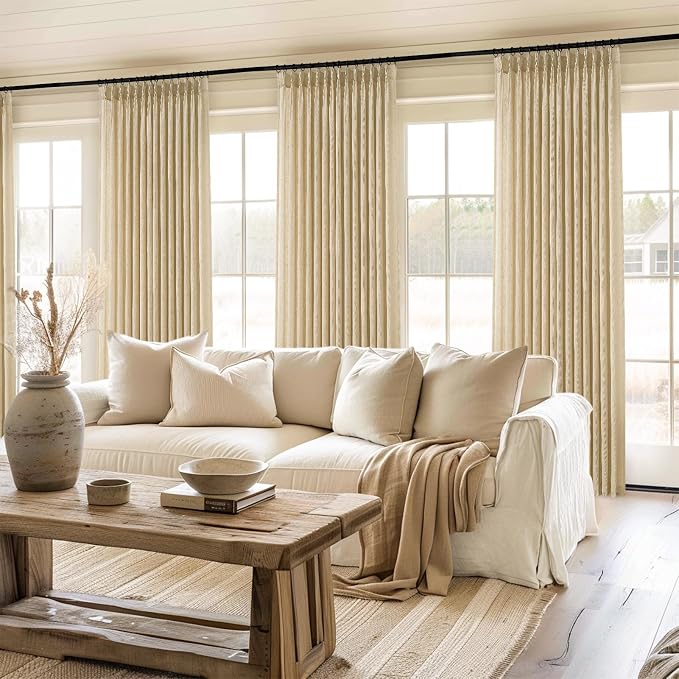 108 Inch Pinch Pleated Linen Curtains 2 Panels,Natural Beige Semi Sheer Curtains With Pleated Hooks Back Tab for Track System,Extra Long 9ft Curtain for Living Room Bedroom Ceiling to Floor,40x108