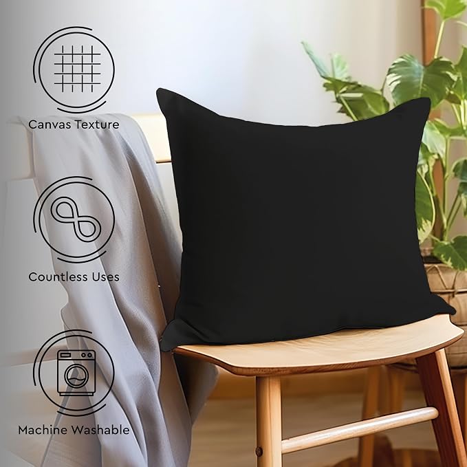 Encasa XO Throw Pillow Covers 12x12 in Set of 2 Jet Black | No Inserts | Cotton Pillow Covers for Living Room, Bed, Sofa, Couch | Decorative Cushion Covers with Improved Zipper