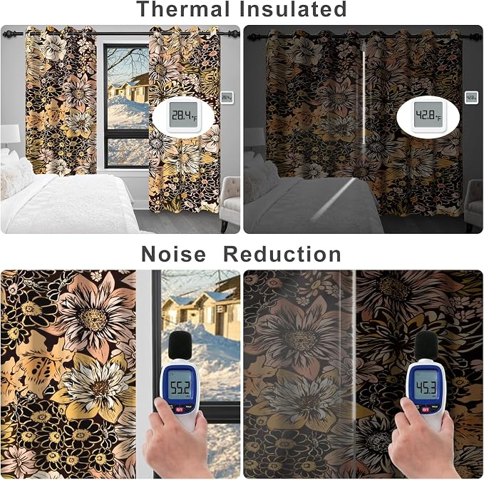 Boho Floral Blackout Curtains for Bedroom with Curtain Tiebacks, 84 Inch Long Black Out Window Drapes 2 Panels Set, Farmhouse Patterned Thermal Soundproof Privacy Grommet Living Room Curtains
