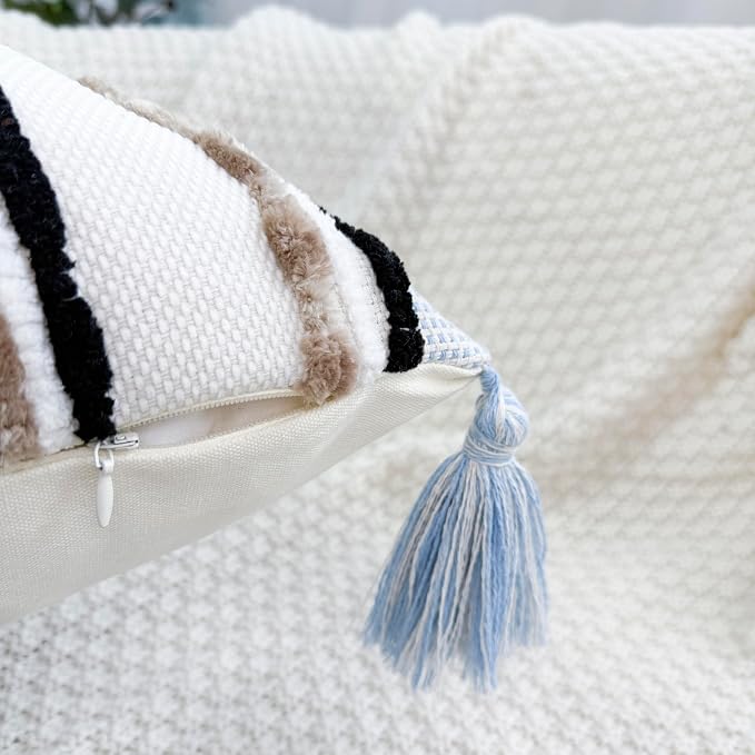 NUYECY Chenille and Cotton Long Pillow for Bed, Striped Textured Boho Lumbar Throw Pillow Cover 12x36, Neutral Accent Decorative Extra Long Body Pillow Case for Couch, Sofa, Bedroom, Khaki