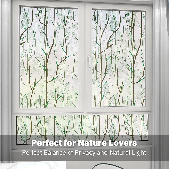 Donox Frosted Glass Window Film Heat Control UV Blocking, Static Cling Reusable Home Bathroom Door Window Privacy Film, Green Leaf Pattern Window Covering with Installation Tool, 17.5 in x 13.1 feet