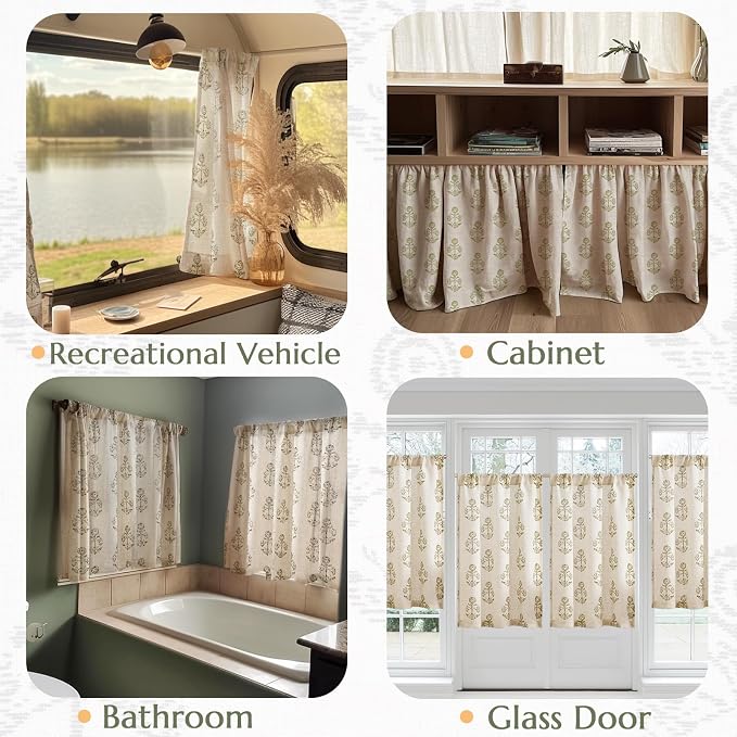 jinchan Linen Kitchen Curtains 36 Inch Floral Tier Curtains Farmhouse Cottage Core Flax Cafe Rod Pocket Country Small Window Drapes for Laundry Room Bathroom RV 2 Panels Sage Green on Beige