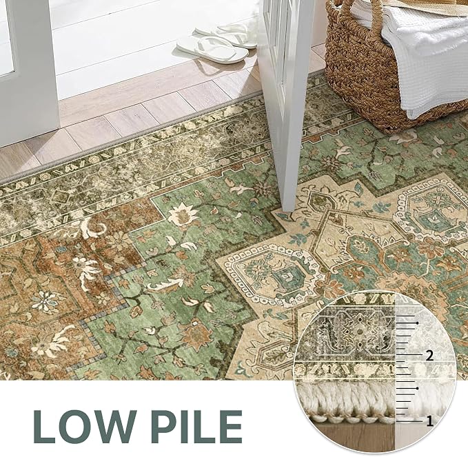 GENIMO 8x10 Area Rugs for Living Room, Machine Washable Rug, Non Slip Indoor Vintage Rug, Low Pile Lightweight Print Carpet for Bedroom Dining Room Home Office, Muted Green Brown
