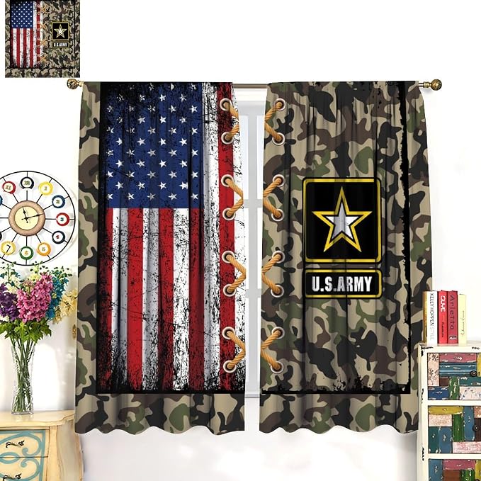 American Flag Curtains,Retro Green Camouflage Military Stars for Kids Boys Girls Bedroom Living Room Decor Window Treatment 2 Panels Set Total Size 42" W X 54" L Inch