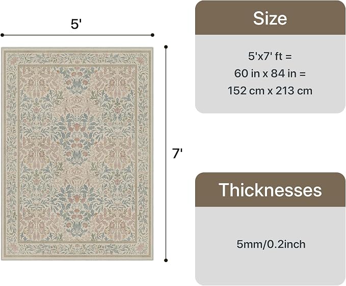 GENIMO 5x7 Washable Area Rugs for Living Room, Non Slip, Beige Pink | Vintage Boho Floral Low Pile Thin Carpet for Bedroom, Dining Room, Nursery, Indoor Decor