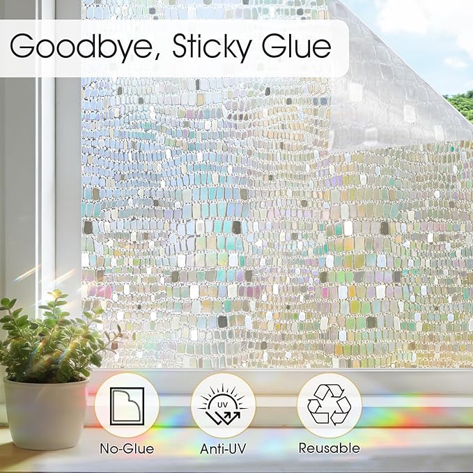 Windimiley Rainbow Window Privacy Film, 3D Stained Glass Christmas Decorative Window Clings, UV Heat Blocking Holographic Prism Stickers for Home(23.6 x 157.5In,Pure)
