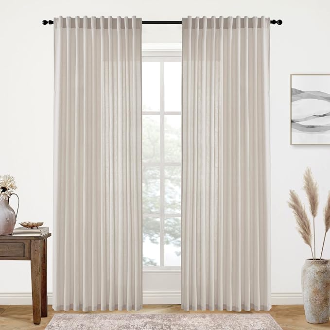 XTMYI Oatmeal Beige Country Curtains for Living Room,Sheer Linen Curtains for Bedroom 102 Inches Long,70 Inches Wide