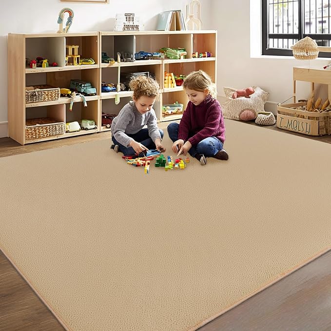 qulint 4x6 Tan Rug for Bedroom, Modern Nursery Rug with Thickened Memory-Foam Washable Carpet for Living Room, Minimalist Solid Non Slip Carpet for Boys Girls Kid Room Dorm Office Home Decor