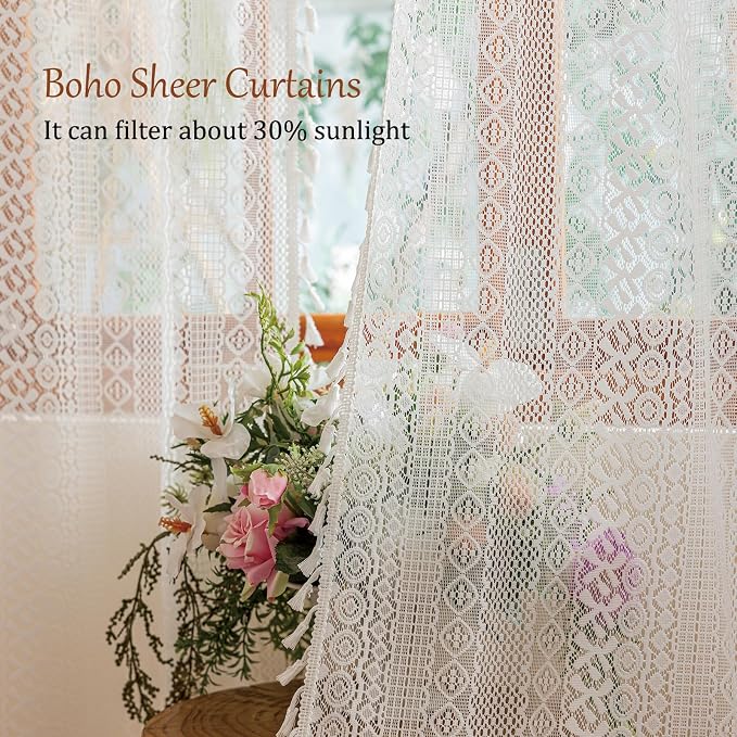 Sutuo Home White Boho Lace Curtains 72 Inches Long for Nursery Bedroom, Sheer Curtains Privacy Crochet Light Filtering Vintage Chic Tassels Bohemian Window Treatments Cream Rod Pocket, 2 Panels 50" W