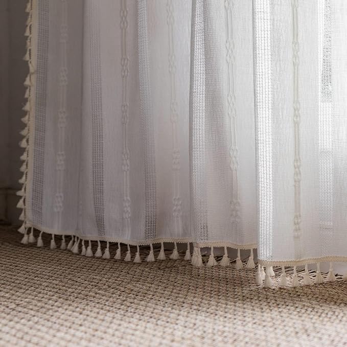 Boho Curtains for Bedroom Embroidery Striped Farmhouse 84 Inches Long 2 Pannels Set White Linen Light Filtering for Living Room Rod Pocket Drapes(52" W x 84" L,White)
