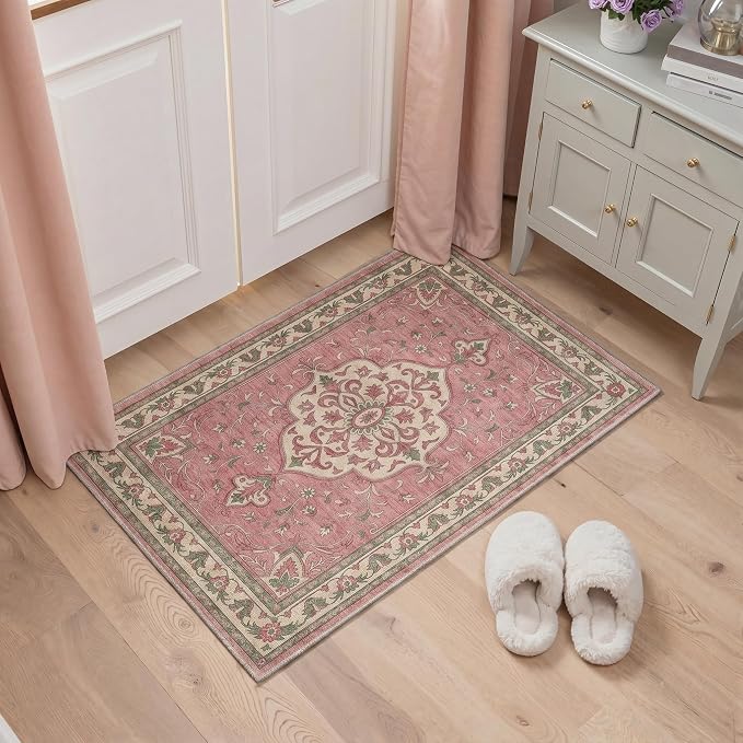 GENIMO 2x3 Rug Machine Washable Low Pile Indoor Entryway Mat for Kitchen Entrance Front Door Bathroom with Non Slip Backing Floral Medallion Dusty Pink