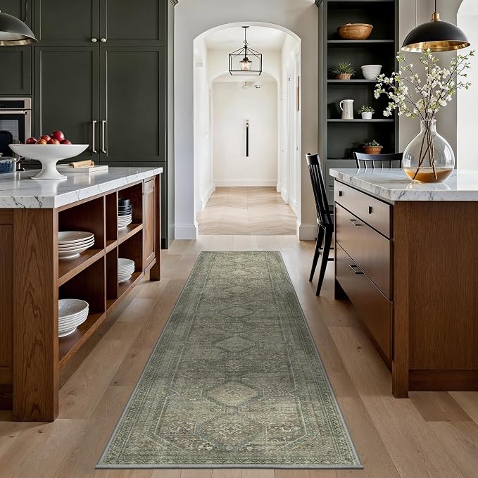 GENIMO Runner Rug 2x10 Non Slip Machine Washable Hallway Runner Rug, Low Pile Lightweight Rugs for Entryway, Hallway, Kitchen and Corridor, Sage/Blue
