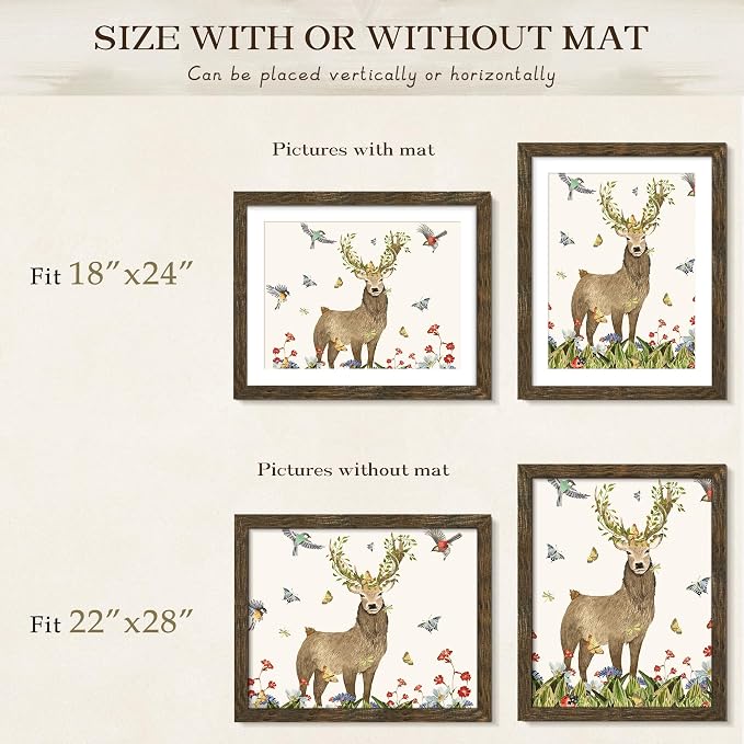 Picrit 22x28 Picture Frame 3 Pack, Wooden Brown Rustic Poster Frame, Display Poster 18 x 24 with Mat or 22 x 28 without Mat for Horizontal or Vertical Wall Mounting