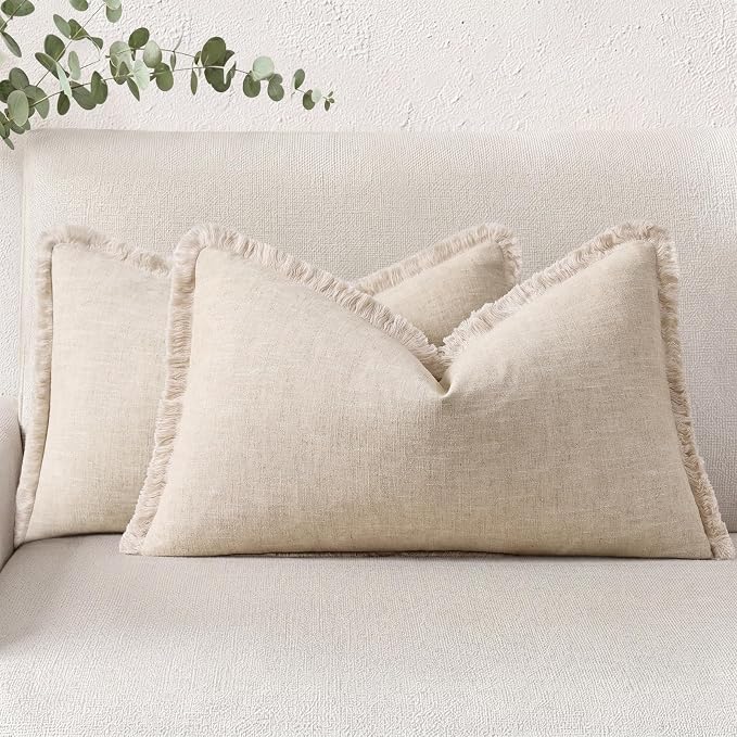 decorUhome Linen Fringe Lumbar Throw Pillow Covers Set of 2 Decorative Natural Beige Pillow Covers with Tassels Soft Accent Boho Farmhouse Pillow Cases for Couch Bed Sofa 12x20 Inch