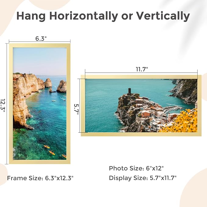 FLYJOE 6x12 Metal Picture Frame - Gold Aluminum Picture Frames with Real Glass, Wall Mounting Horizontally or Vertically, Simple and Elegant Decor for Wall Gallery Poster Photo 12x6 Frames, Gold