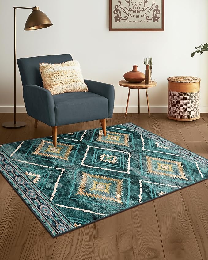 BESTSWEETIE Area Rug 2x3 Rug Machine Washable Non-Slip Low Pile Print Pattern Western Rug for Living Room Bedroom Entryway Tribal Series -Teal/Green