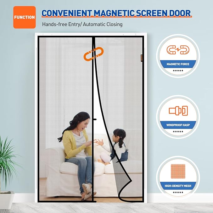 MAGZO Magnetic Screen Door Fit Door Size 74 x 80 Inch, Screen Size 76" x 81" Strong Magnet French Style Mesh, Heavy Duty Fiberglass Mesh with Hook & Loop for Sliding Entrance, Gray