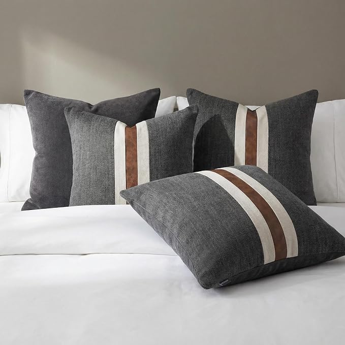 Set of 2 Leather Throw Pillow Covers Cotton Linen Decor Patchwork Pillow Cover Faux Leather Pillows Cover for Couch Sofa Living Room Bedroom,Black 22"x22"