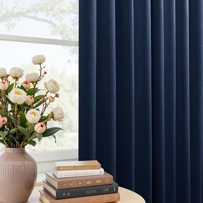 Mrs.Naturall Navy Blue Pinch Pleated Linen Blackout Curtains 84 Inch Length, Pleat Design for Summer Thermal Insulated & Noise Reducing for Mens, Boys Bedroom & Nursery, 2 Panel Set