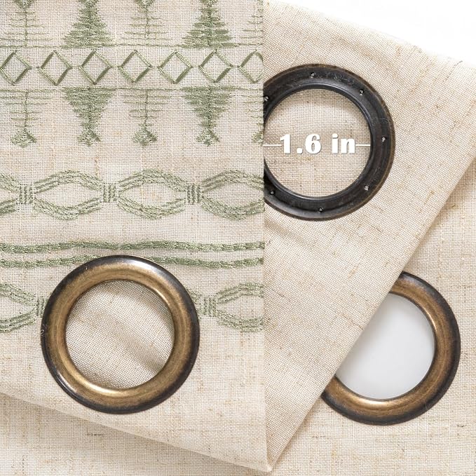 jinchan Boho Curtains for Bedroom Linen Blend Curtains Sage Green Embroidered Bordered Living Room Drapes 96 Inch Length Light Filtering Grommet Window Treatments 2 Panels Sage on Beige