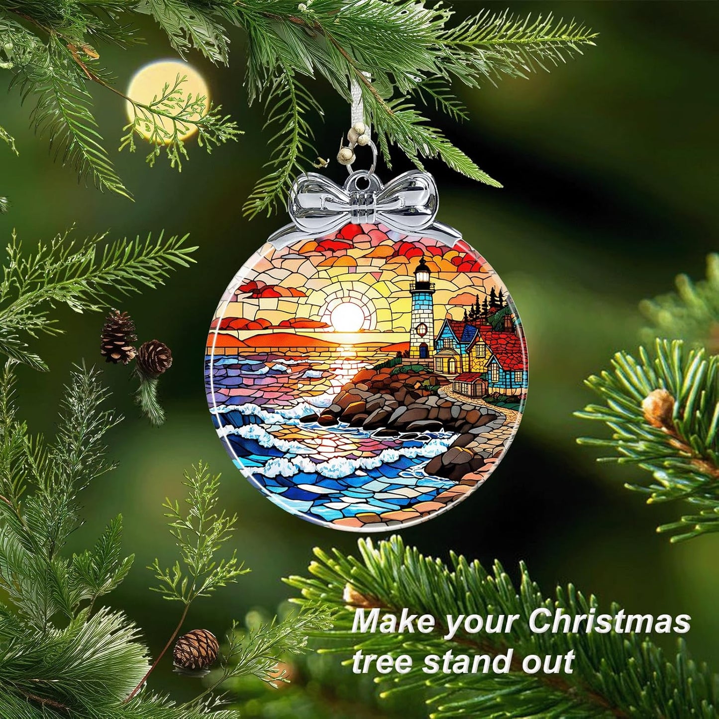 Lighthouse Stained Glass Christmas Ornament - Hanging Ornaments for Christmas Tree Decorations -Holiday Keepsake Present Exchange Idea