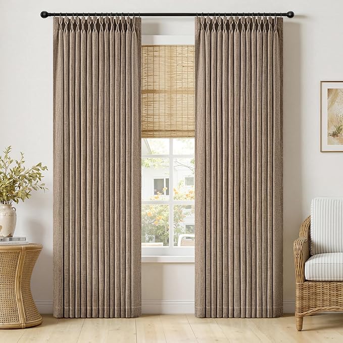 MIULEE Pinch Pleated Thick Linen Curtains 90 Inches Long 2 Panels for Living Room Bedroom, Linen Texture Memory Trained Brown Drapes Pleat Back Tab Light Filtering Country Farmhouse Burlap Curtains