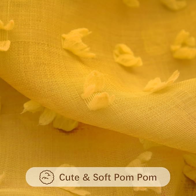 DANCURTON Pom Pom Mustard Yellow Sheer Curtains 63 Inch Length for Bedroom Decor Set of 2 Panels Semi Sheer Gold Yellow Drapes for Bay Window Kitchen Kids Nursery Girls Room Back Tab Rod Pocket 52x63