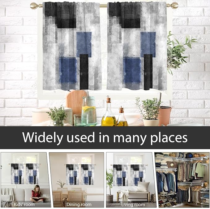 AAtter Blue Black Grey Window Curtain for Kitchen Navy White Gray Abstract Mens Minimalist Small Short Home Living Room Bedroom Bathroom Drapes Treatment Fabric 1 Pair, 27.5" W x 36" L, Modern