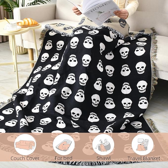 Boho Throw Blanket Reversible Cotton Bohemian Tapestry Hippie Room Decor Double Sided (Boho Skull Print Black 50"x60")