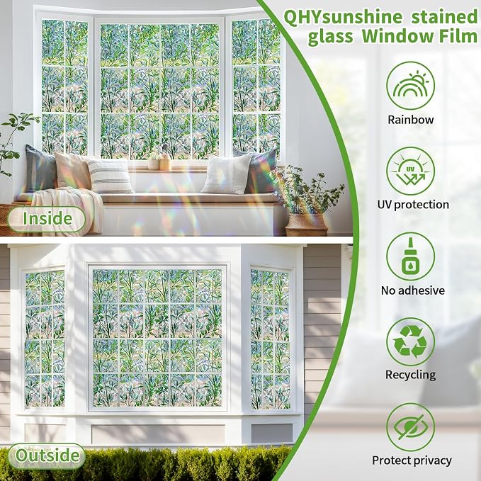 Window Privacy Film Stain Glass Window Film Rainbow Window Film Window clings Non-Adhesive Reusable Decorative for Room (Leaf Rainbow, 23.6 X 78.7 in)