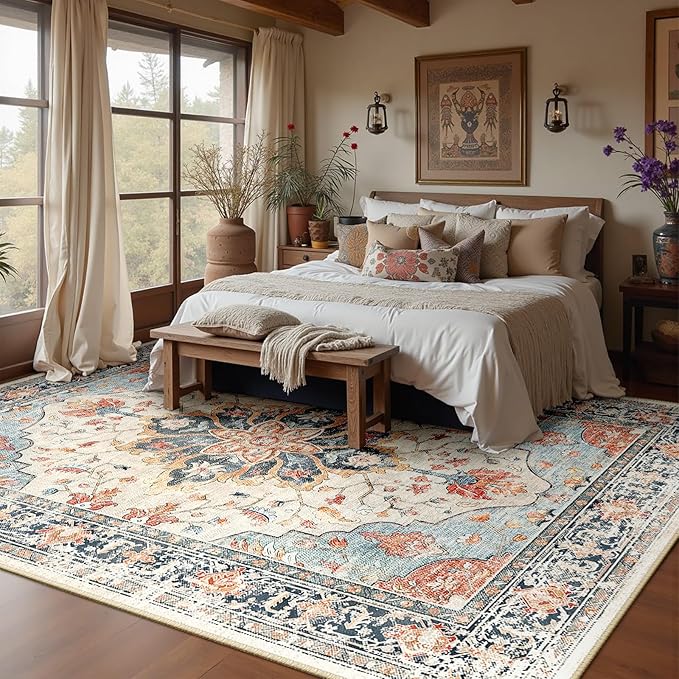 RELEANY Area Rugs Large 9'x12' Washable Non-Slip, Floral Vintage Distress Medallion Carpet for Living Room Bedroom Dining Room, Beige Navy Blue Orange Colorful