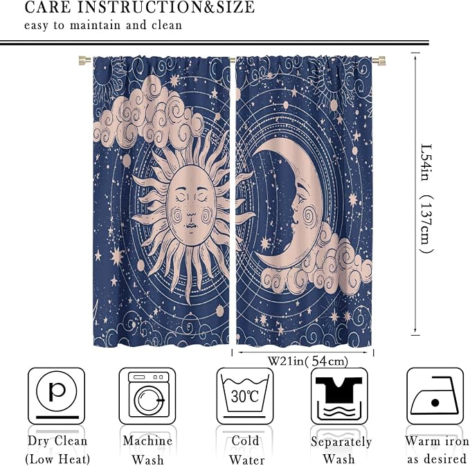 Sun Moon Blackout Windows Curtains, Boho Celestial Bodies Gold Sun Moon and Stars Pattern Window Drapes, for Living Room Bedroom 42x54in 2 Panels