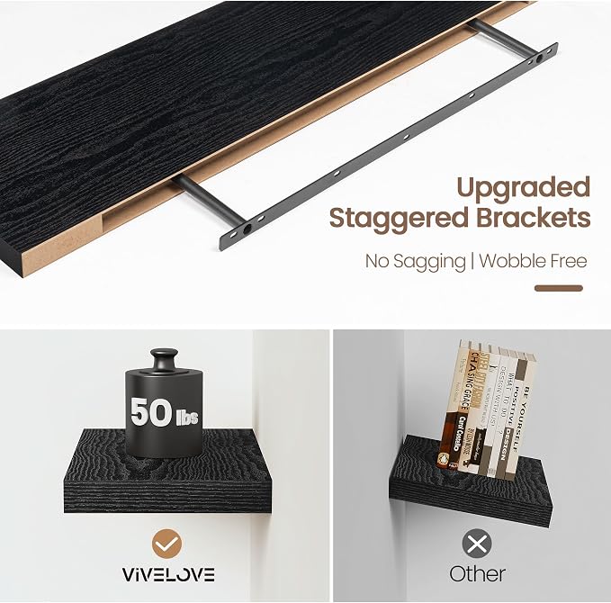 Vivelove 36 Inch Floating Shelves, Deep Wall Shelves with Invisible Brackets, Display Shlf for Bathroom Living Room Kitchen Bedroom Office Farmhouse Home Decor, 36" X 9.3" X 1.5" - Set of 2, Black