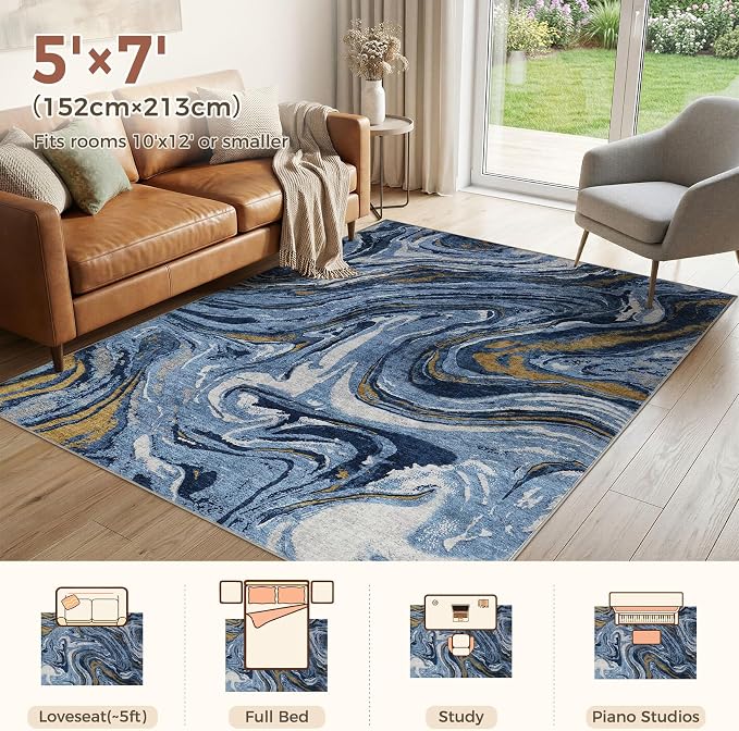 DMOYEST 6x9 Area Rug for Living Room - Washable Neutral Modern Abstract Rugs Soft Non-Slip Carpet Low Pile Indoor Floor Mat for Bedroom & Dining Room Decor for Families with Kids and Pets - Dark Blue