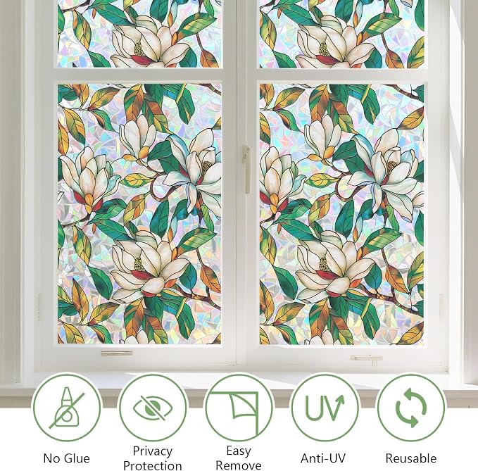 Kromapolis Window Privacy Film, Stained Glass Sticker Floral Window Clings, Decorative Static Clings UV Blocking Colorful Decals, Removable Vinyl Covering White Magnolia Flowers, 35.4'' x 78.7''